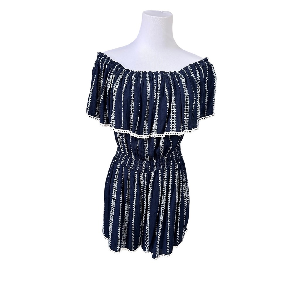 Lulu's See‎ Ya There Navy Off The Shoulder Romper LARGE Cottagecore Romantic